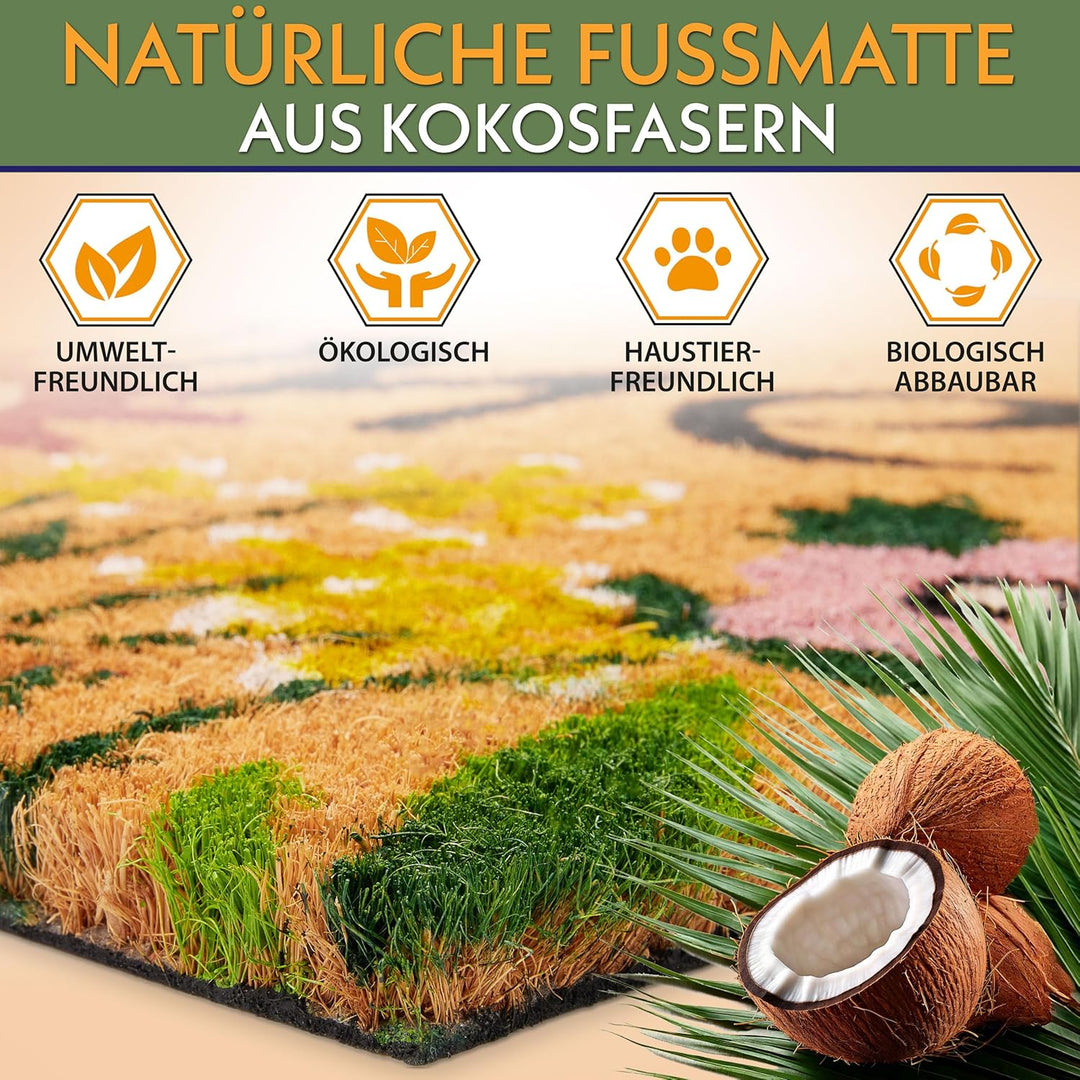 BRUBAKER Fussmatte für Aussen und Innen - Welcome mit Blumenwiese - 45 x 75 cm Schmutzfangmatte aus