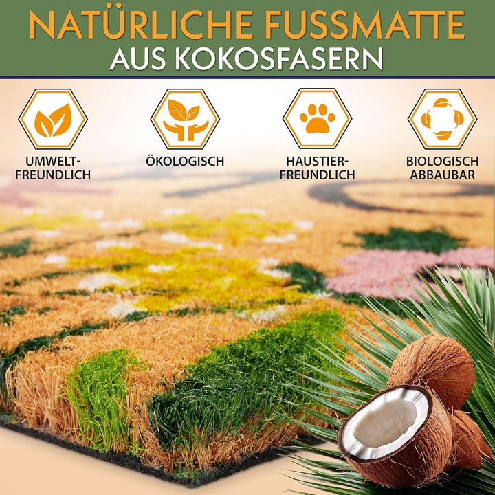 BRUBAKER Fussmatte für Aussen und Innen - Welcome mit Blumenwiese - 45 x 75 cm Schmutzfangmatte aus