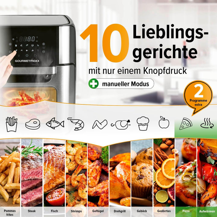 GOURMETmaxx Digitale Heissluftfritteuse 12 L, XXL-Edelstahl-Ofen | Airfryer + Timer, Touchdisplay, D