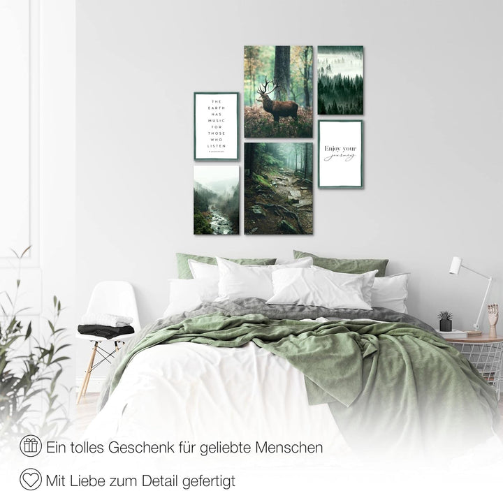 Novart Bilder Set - AUFHÄNGFERTIG - KEIN EXTRA RAHMEN BENÖTIGT - Wald Hirsch Modern Natur Grün - Woh
