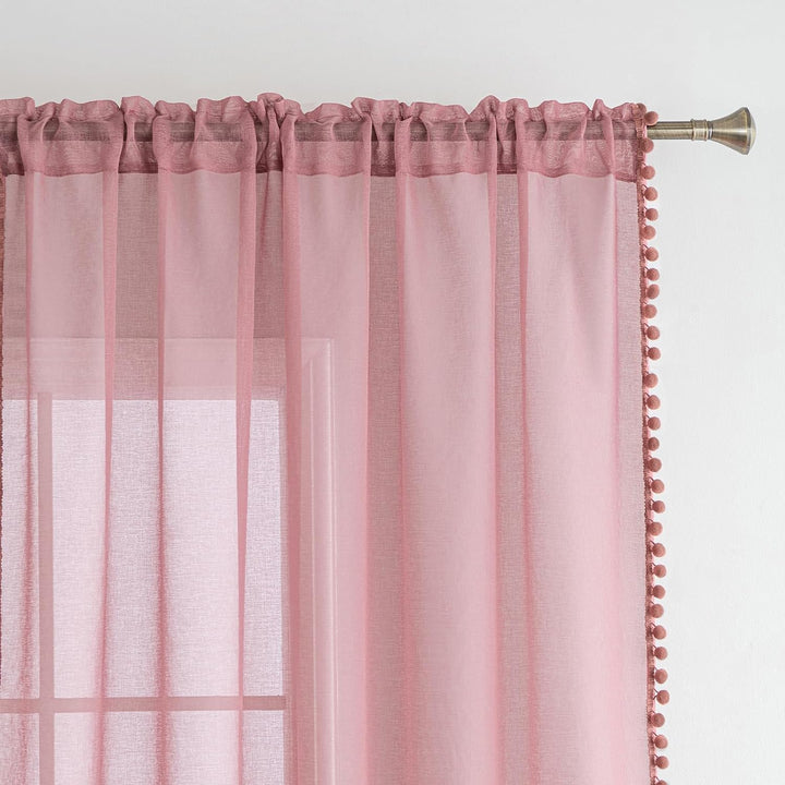 MIULEE Gardinen mit Pompons-Hübsche Altrosa Transparent Gardinen für Kinderzimmer Mädchen, 2 Stücke
