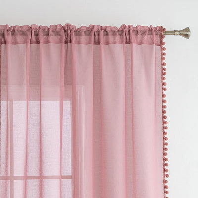 MIULEE Gardinen mit Pompons-Hübsche Altrosa Transparent Gardinen für Kinderzimmer Mädchen, 2 Stücke