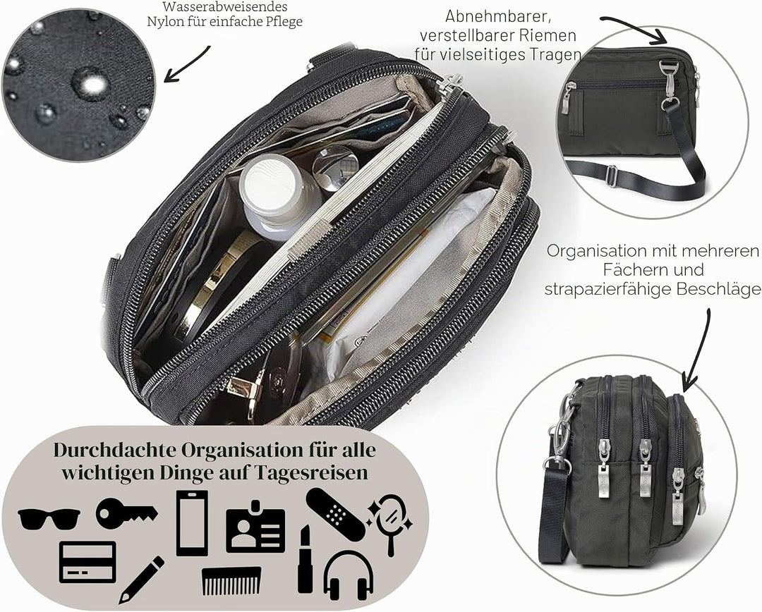 Baggallini Triple Zip Mini Sac bandoulière, Gris Charcoal, Charcoal