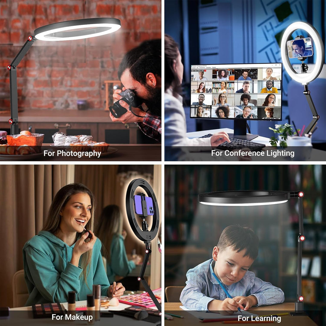 APEXEL 10" Ringlicht Mit Ständer und Telefonhalter, USB LED für Schreibtisch, Overhead Stativ Mit Ve