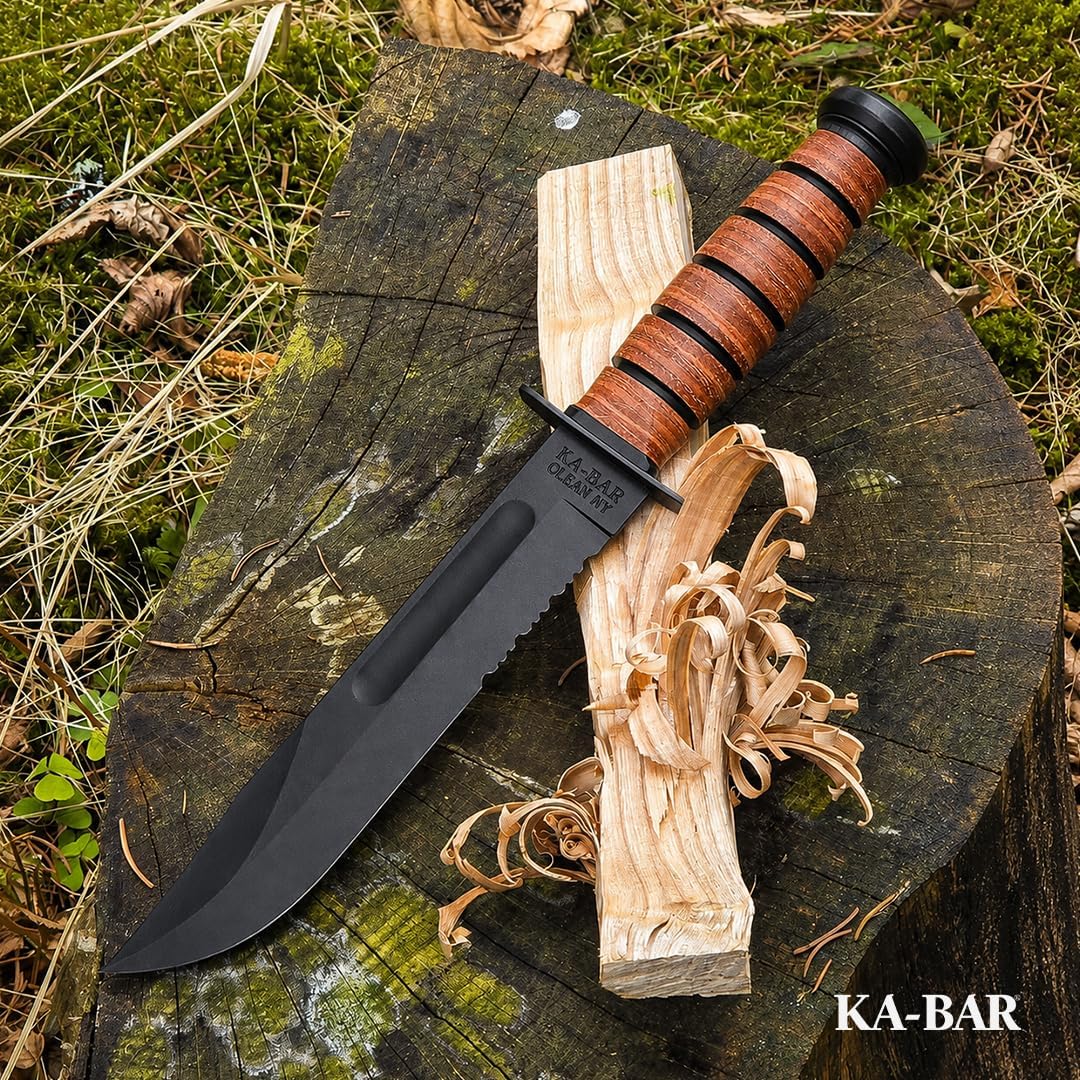 Ka-Bar US Army 7" Fixed Blade Knife, Serrated Leather Handle w/Brown Sheath #1219