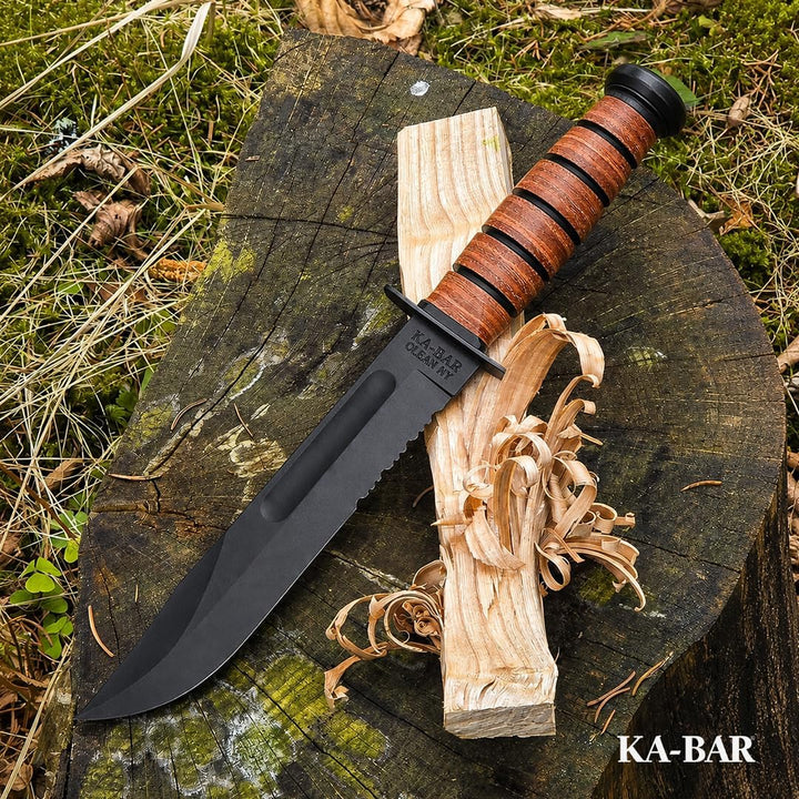 Ka-Bar US Army 7" Fixed Blade Knife, Serrated Leather Handle w/Brown Sheath #1219