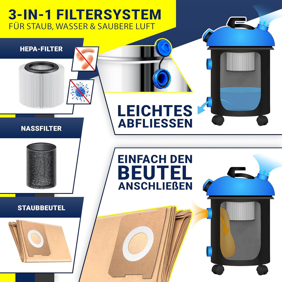 MASKO® Industriestaubsauger Staubsauger Nass Trocken Sauger Edelstahl 2300W + Steckdose | Blasfunkti
