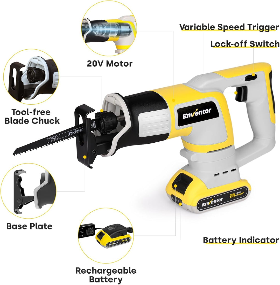 Enventor Akku Säbelsäge 20V, Universalsäge mit 2x2,0mAh Akku, Strichlänge 22mm, Variabler Drehzahl v