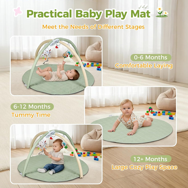 Baby-Spielmatte, Spielbogen mit Spielzeug, Spiegel und Stoffbuch – Boden-Spieldecke (Ø 90 cm) mit ab