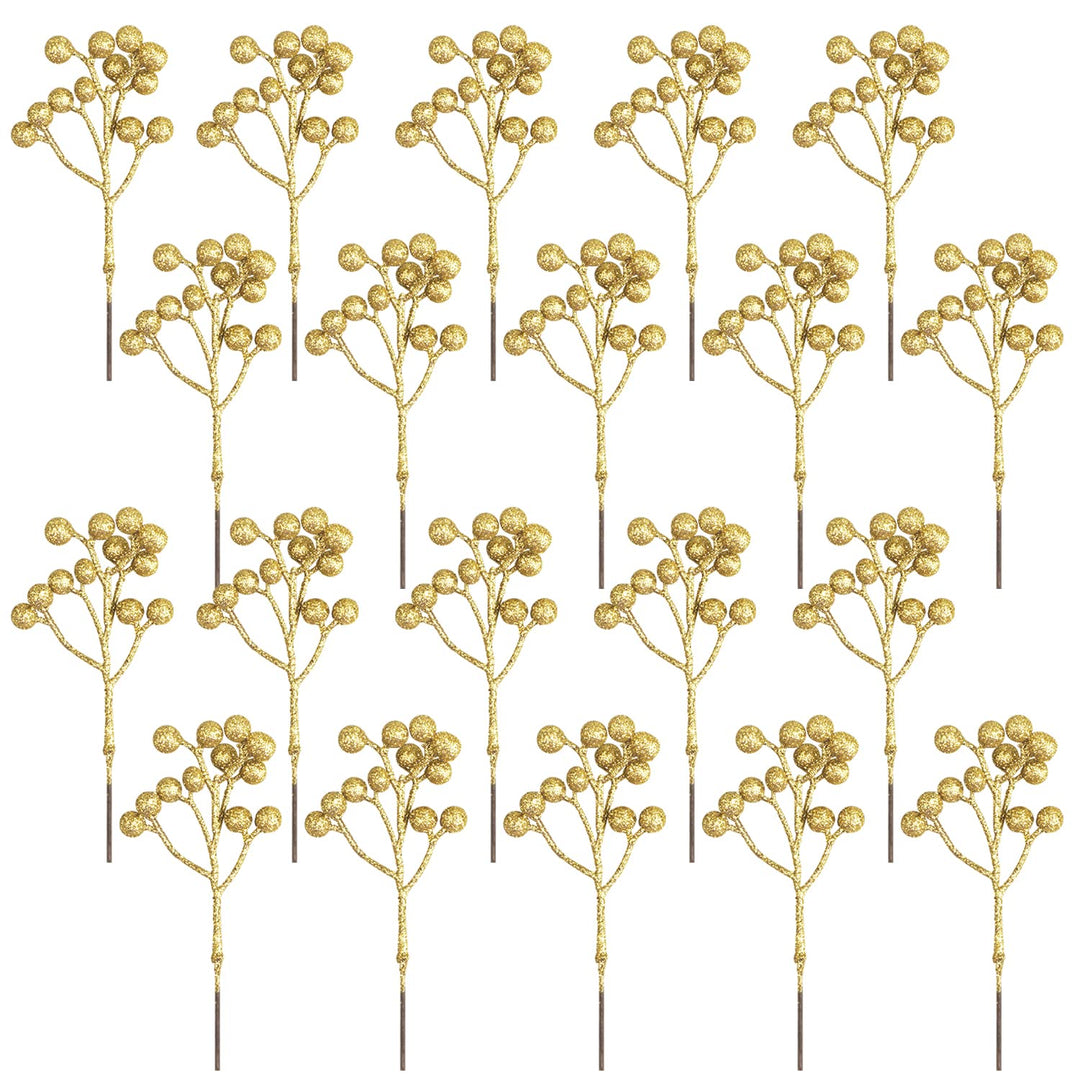 Fangoo 20 Pack 18cm Künstliche Goldene Beeren für Weihnachtsbaum Deko Stechpalmenbeeren Zweige Dekor