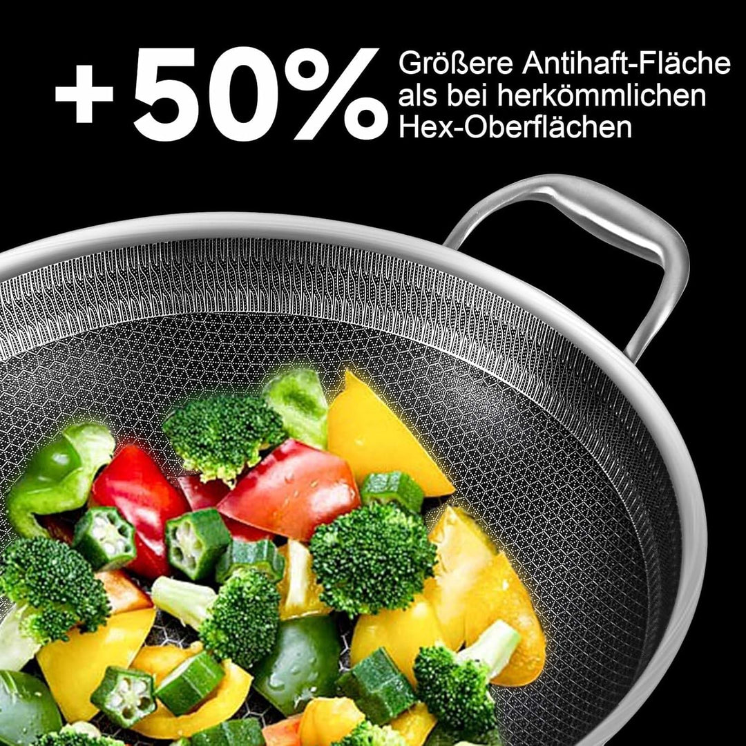 LOLYKITCH 32 cm Hybrid Wokpfanne mit Deckel, Edelstahl-Wokpfanne mit Antihaft-Wabenstruktur, für Ind