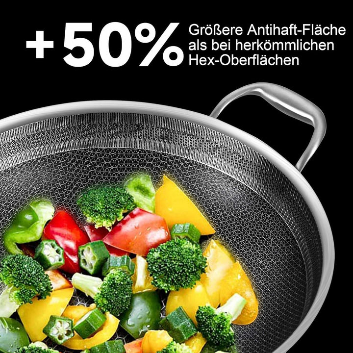 LOLYKITCH 32 cm Hybrid Wokpfanne mit Deckel, Edelstahl-Wokpfanne mit Antihaft-Wabenstruktur, für Ind