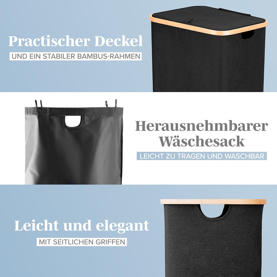 Lonbet - Black Laundry Baskets with Lid - XL 100 L - Large Hamper with Handles - for Bedrooms - Bamb