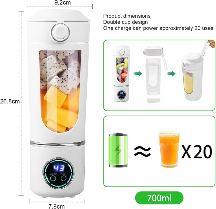 Smoothie Maker to Go, 700ml Tragbarer Mixer, Portable Blender mit 12-Klingen Edelstahl, Mini Mixer f