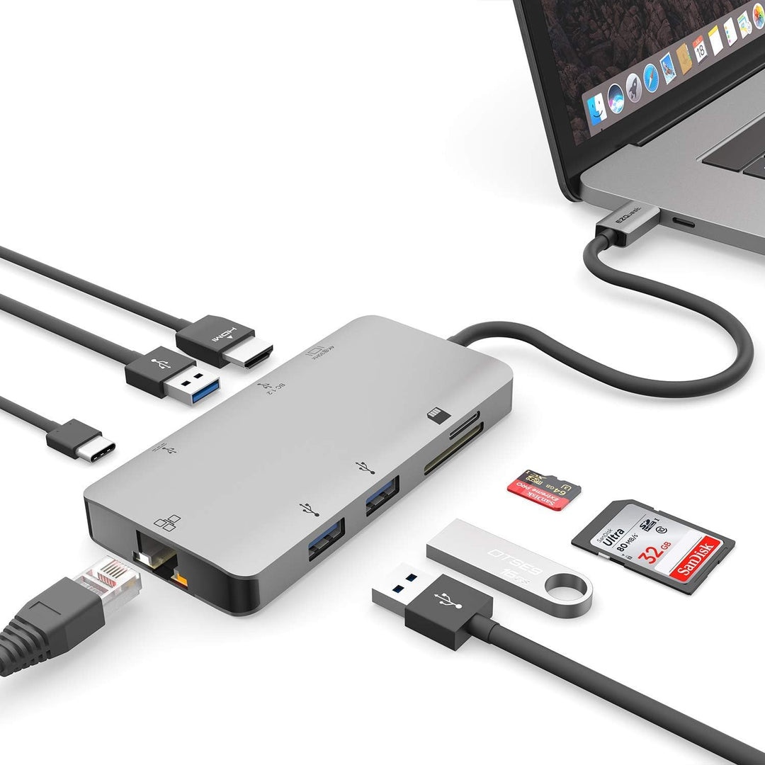 EZQuest USB-C Multimedia Hub Adapter 8 Anschlüsse (HDMI 4K 30Hz, 100W USB-C PD 3.0, Gigabit Ethernet