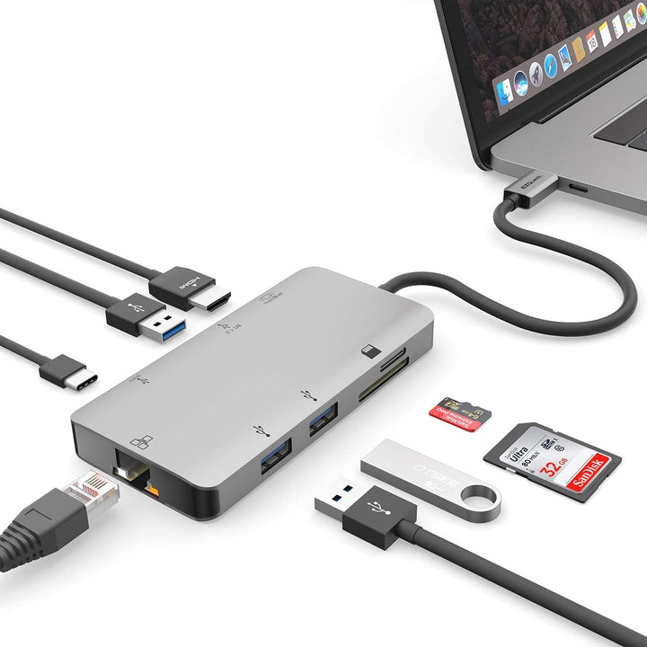 EZQuest USB-C Multimedia Hub Adapter 8 Anschlüsse (HDMI 4K 30Hz, 100W USB-C PD 3.0, Gigabit Ethernet