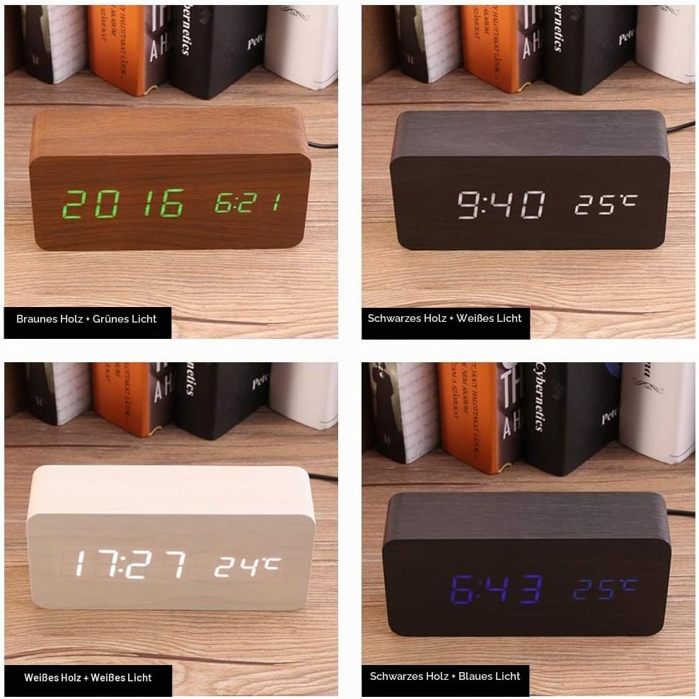 Digitaler Wecker Hölzerner, Leise LED-Anzeige Einstellbare Helligkeit/Sound Control, Tischuhr Indika