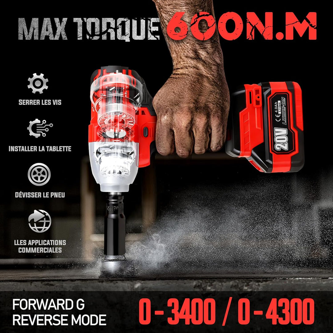TEENO Akku-Schlagschrauber, Drehmoment 600 Nm 20V, mit Koffer, Futter 1/2" (13 mm), 4 Bits Inklusive