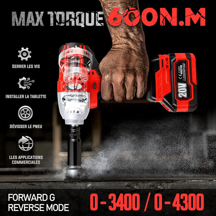 TEENO Akku-Schlagschrauber, Drehmoment 600 Nm 20V, mit Koffer, Futter 1/2" (13 mm), 4 Bits Inklusive
