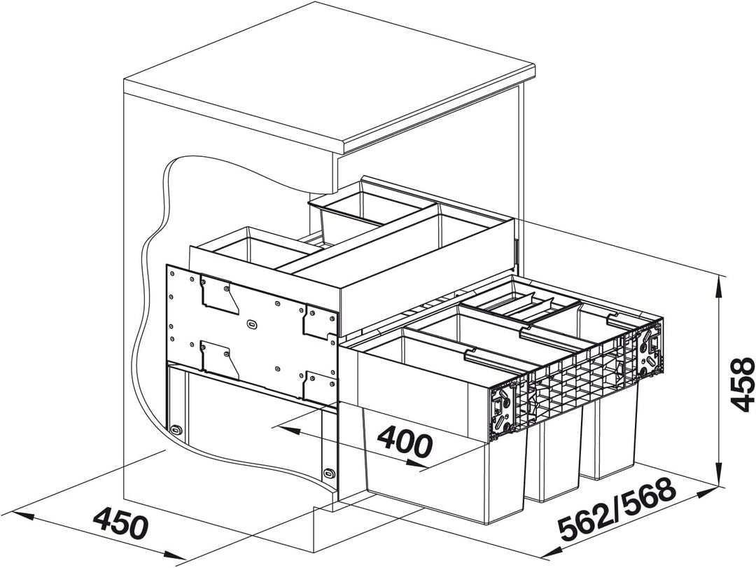 BLANCO SELECT II 60/4 Orga | Kunststoff, Alu | 60er Unterschrank | Auszugssystem zur Frontanbindung