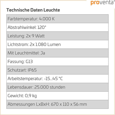 Proventa® EasyBudget LED-Feuchtraumleuchte 60cm 18W 2x Röhre neutralweiss - Sparset 4x 5. 4x mit 2 L