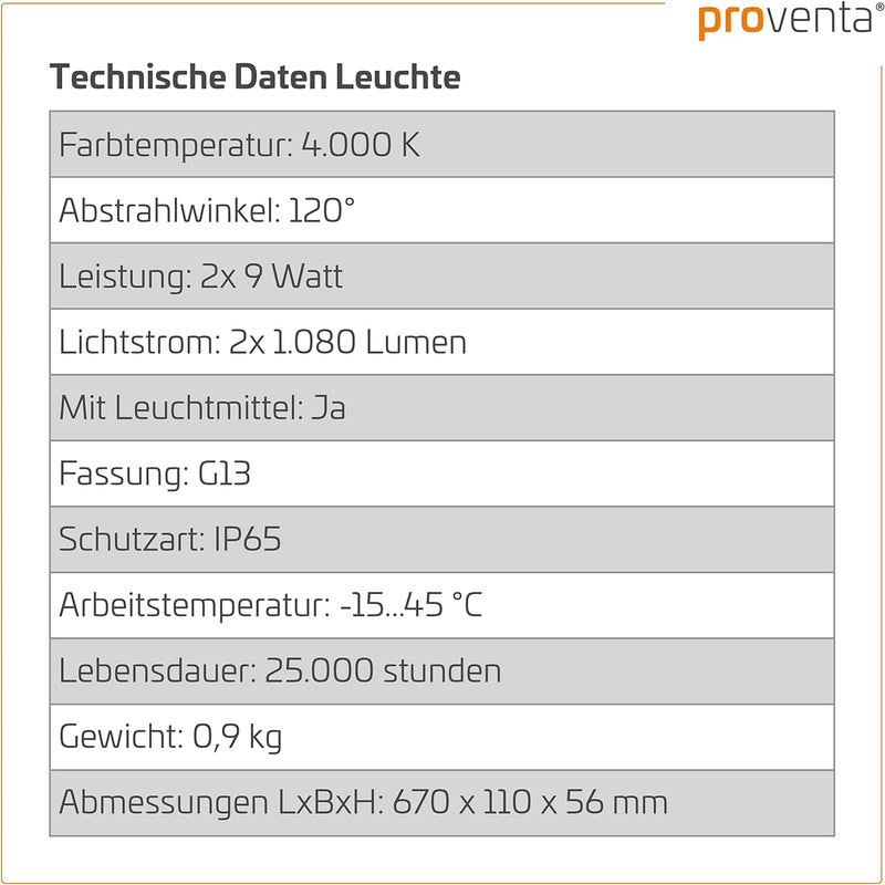 Proventa® EasyBudget LED-Feuchtraumleuchte 60cm 18W 2x Röhre neutralweiss - Sparset 4x 5. 4x mit 2 L