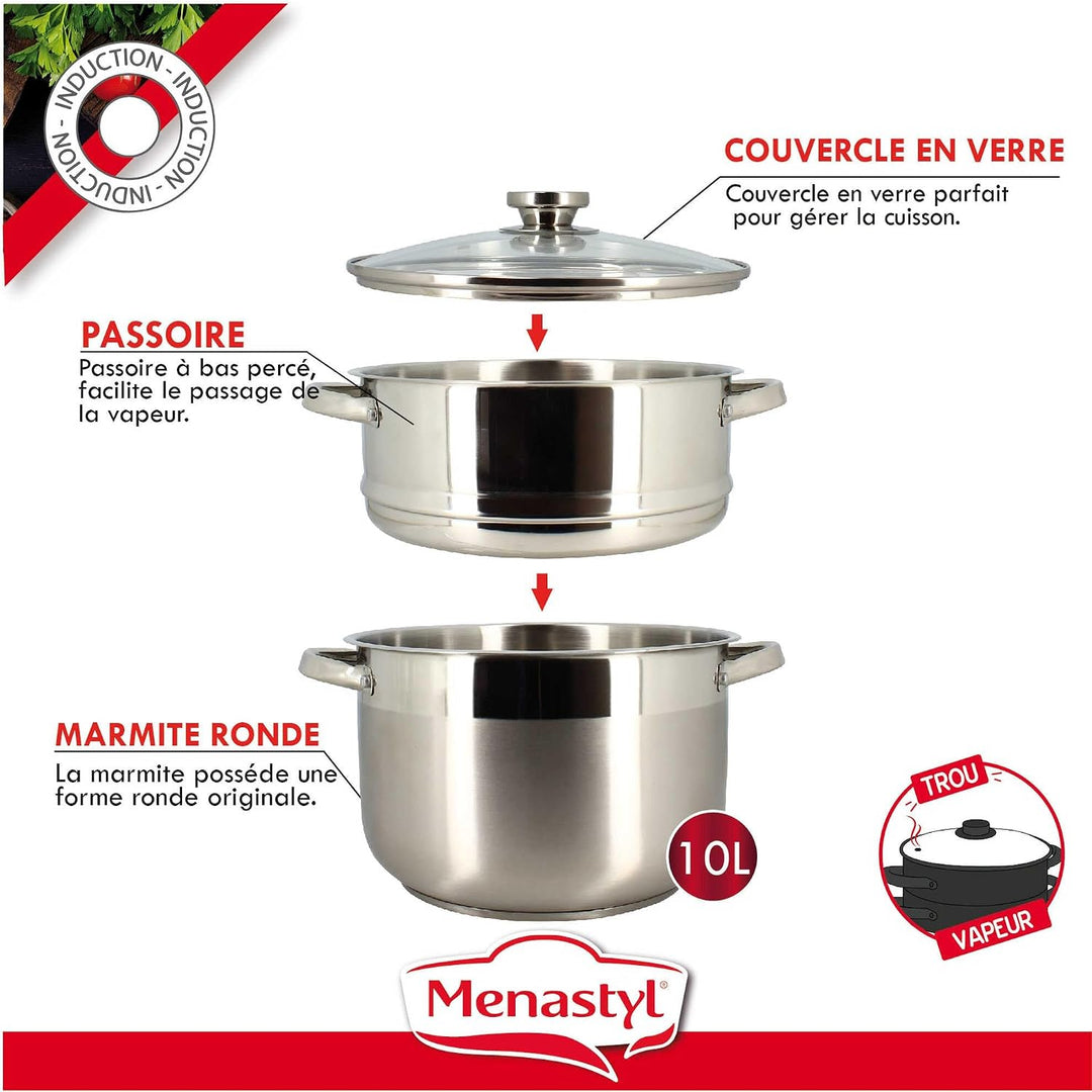 Couscoussier - MENASTYL - 4615450 - Edelstahl - 10 Liter - Für alle Herdarten geeignet, auch Indukti