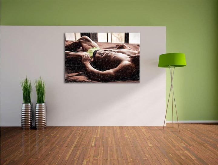 Pixxprint Muskulöser Mann im Bett als Leinwandbild/Grösse: 100x70 / Wandbild/Kunstdruck/fertig bespa