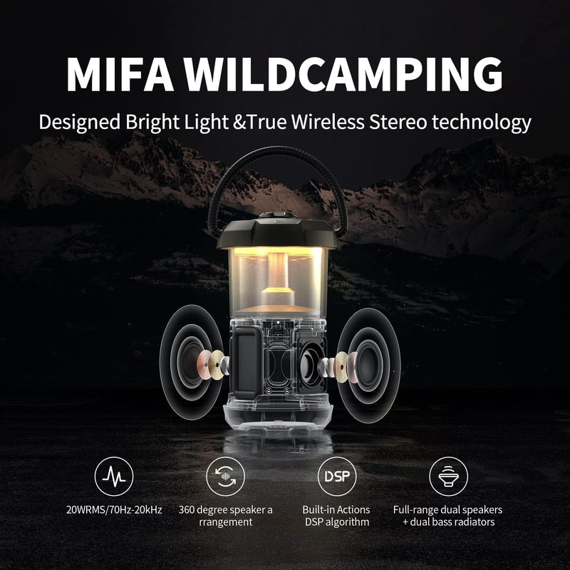 MIFA WildCamping Bluetooth Lautsprecher mit Camping Lampe, Bluetooth 5.3 20 Watt HiFi Sound, IP67 wa