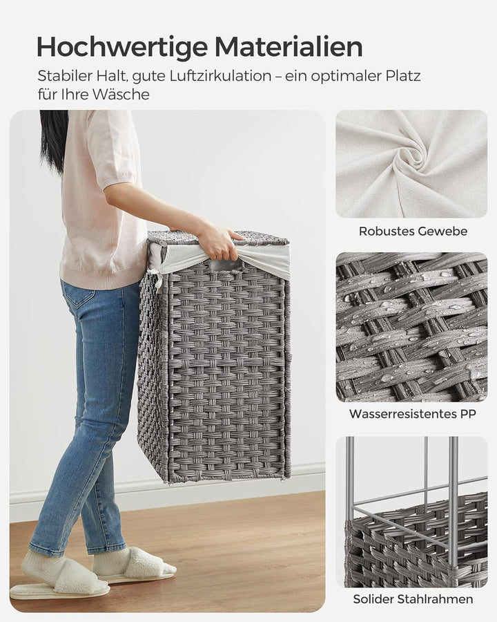 SONGMICS 140L Wäschekorb handgeflochten, Wäschesammler mit Deckel, mit 3 Fächern, faltbar, mit Räder