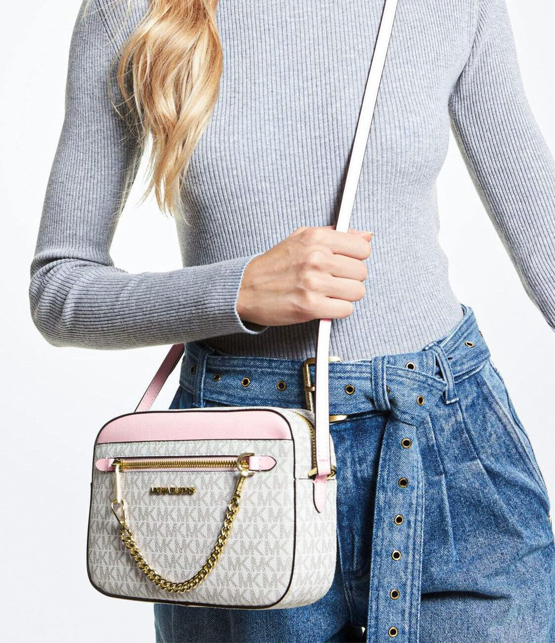 Michael Kors Jet Set East West Chain Crossbody Vanilla MK Powder Blush Pink Bundled with Michael Kor