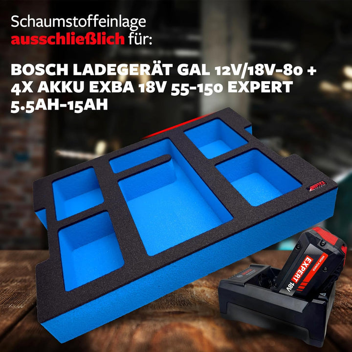 APTEX Schaumeinlage für Bosch GAL 12V/18V‑80 Ladegerät + 4x Akkus Expert 5.5-15Ah – Polstereinlage &