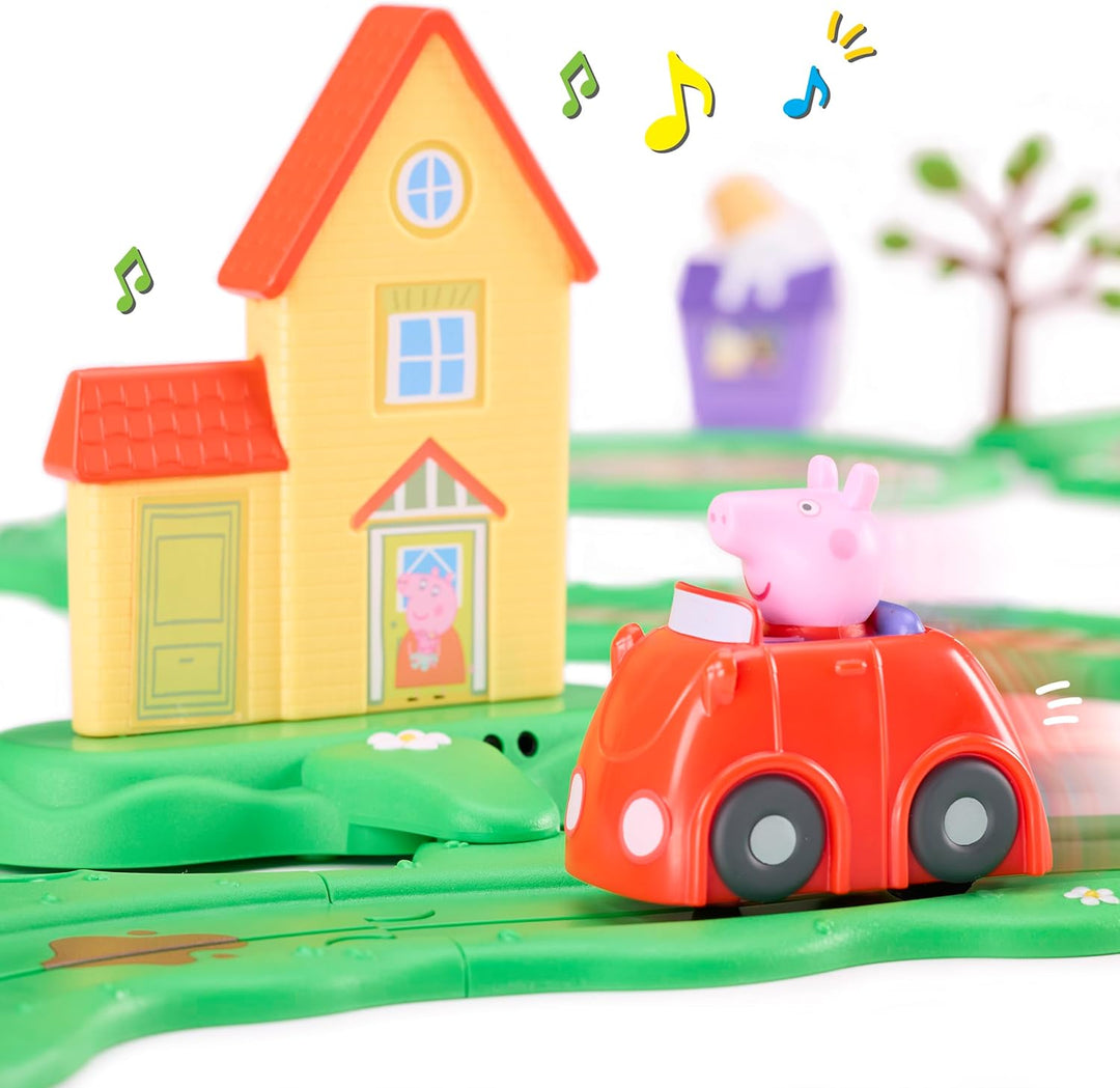 Peppa Wutz Whizz Around Spielset Flotte Stadt – Motorisierte Fahrzeuge mit Schienen &amp; Strasse, Elekt