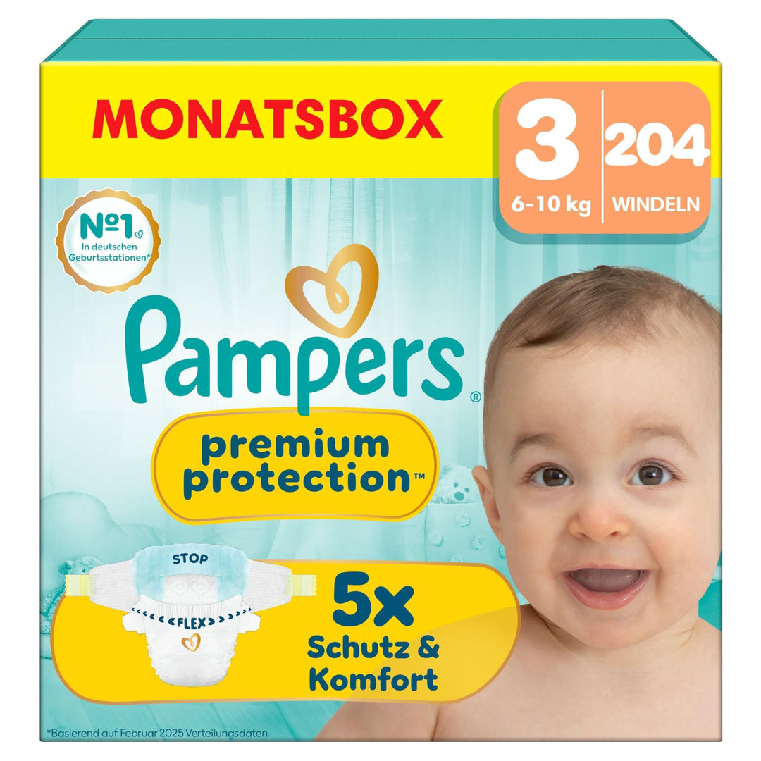 Pampers Baby Windeln Grösse 3 (6-10kg) Premium Protection, Midi, 204 Stück, MONATSBOX Grösse 3 (204