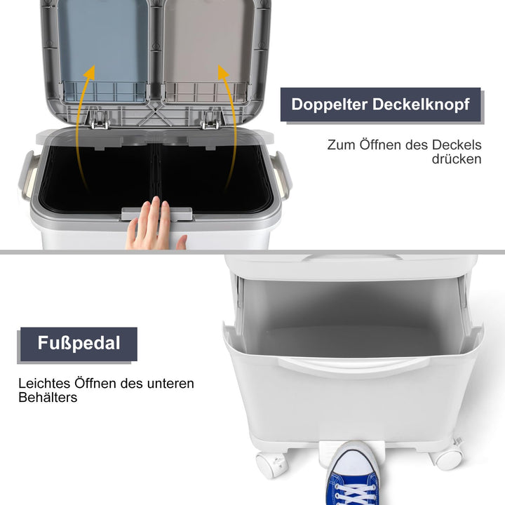Mülleimer Küche mit 3 Fächern, Küchenmülleimer 42L, Tretmülleimer, Abfalleimer mit Deckel, Recycelba