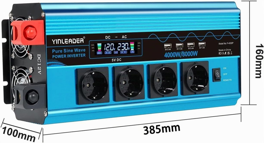Wechselrichter 4000W Spannungswandler Reiner Sinus 12V 230V mit 4 Europäische Steckdose und 4 USB-An