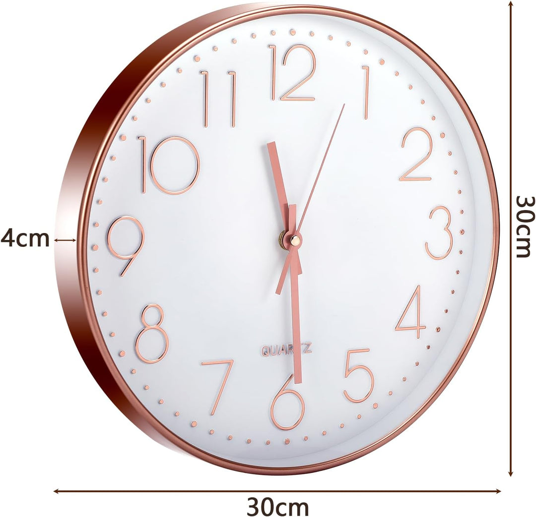 Wanduhr 30 cm, Quartz Lautlos wanduhren rund, für Büro,Wohnzimmer, Küche, Schule Kinderzimmer（Rose G