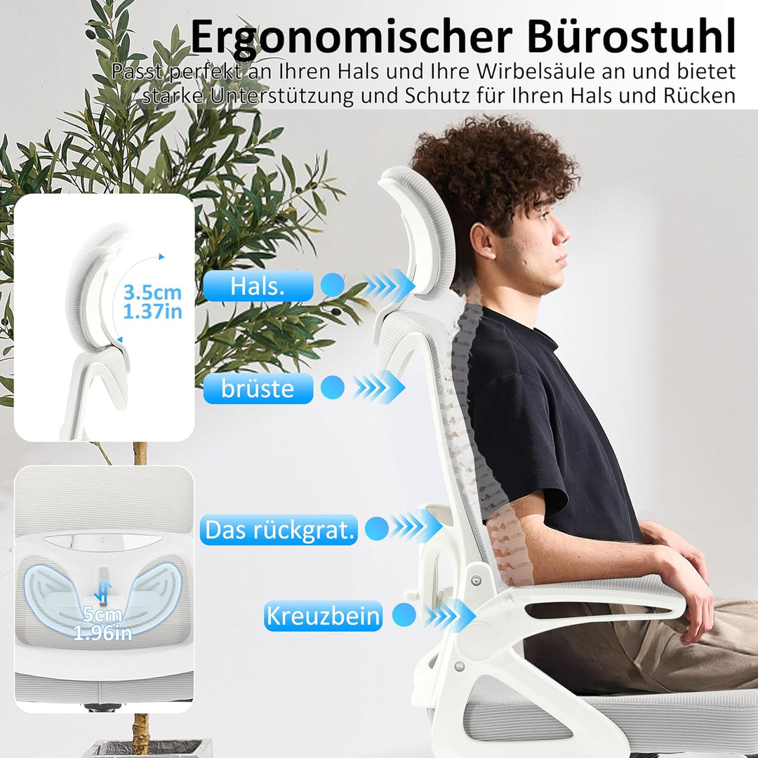 Fizzin Ergonomischer Bürostuhl Grau Schreibtischstuhl mit Verstellbarer Lendenstütze und Kopfstütze
