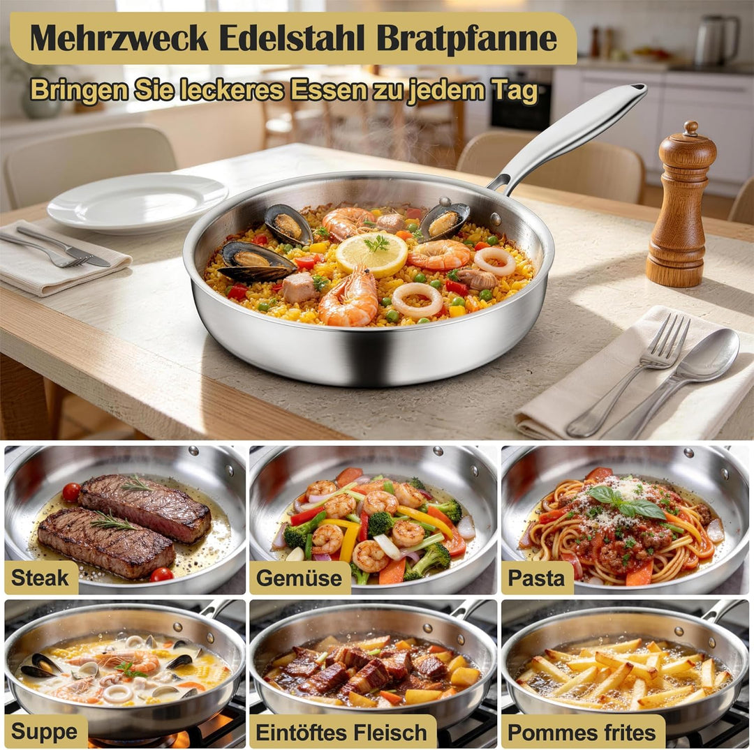 HaWare Edelstahlpfanne 30 cm, 3-Lagige Edelstahl Pfanne Induktion,Unbeschichtet Bratpfanne für Alle