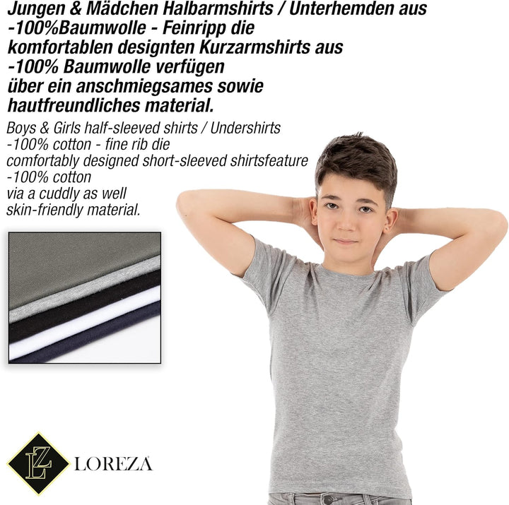 LOREZA ® 5er Pack Kinder Jungen Mädchen Unterhemd Kurzarm T-Shirt 100% Baumwolle Feinripp Unisex 116