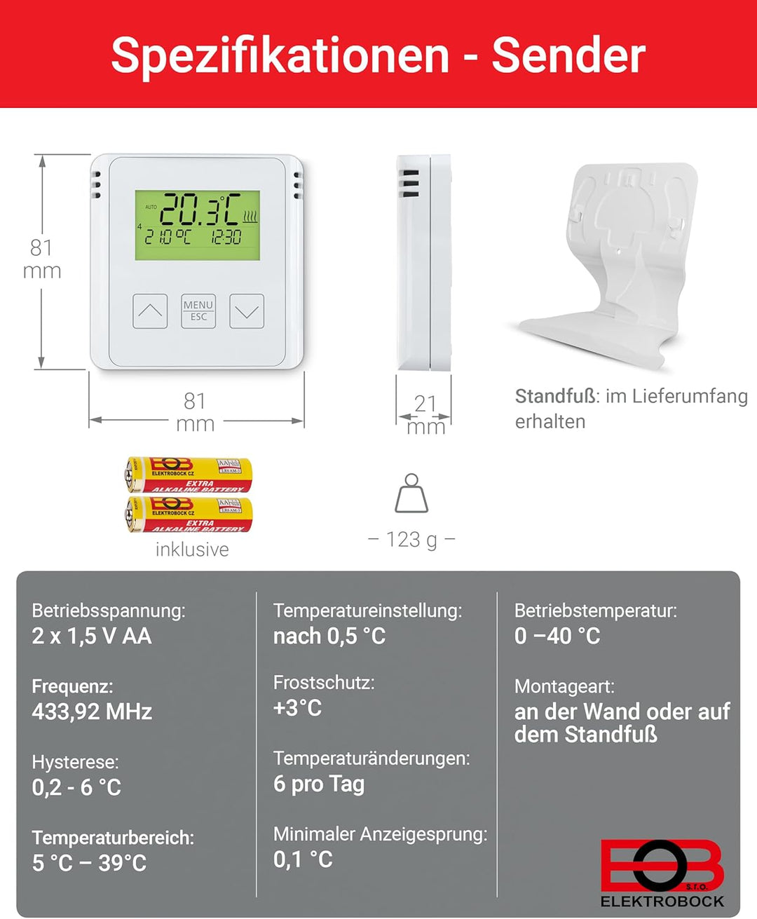 ELEKTROBOCK BT731 Funk-Raumthermostat mit Empfänger - Standfuss - Reichweite bis 35 m - Für elektris