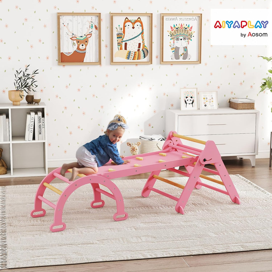 AIYAPLAY 7-in-1 Montessori Klettergerüst Indoor, faltbar Holz Kletterdreieck mit Rutsche, Bogen, Ind