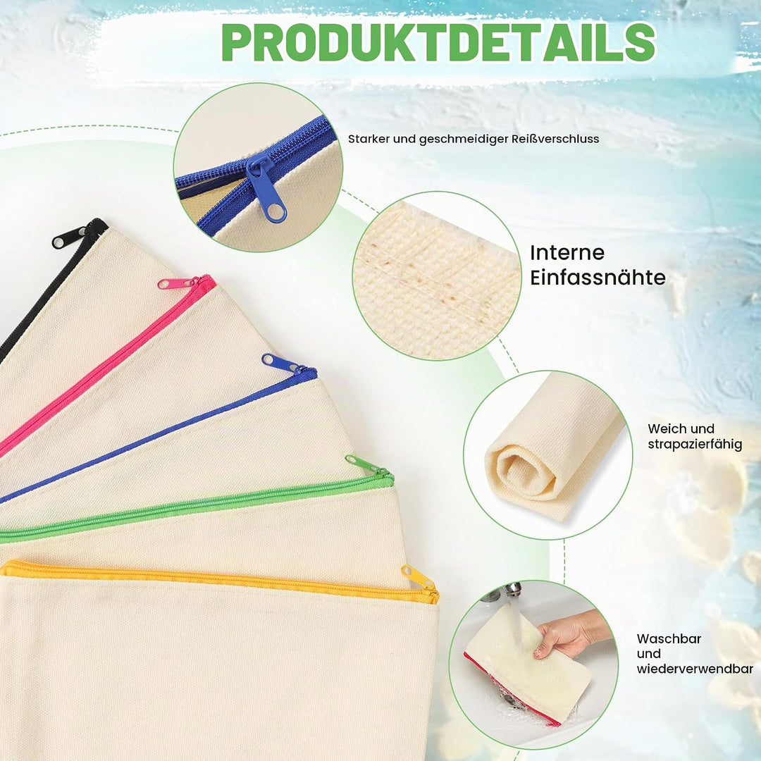 18 Stück DIY Stoff Federmäppchen, Leinwand Federmäppchen zum Bemalen, Mäppchen zum bemalen, 12 Bunts