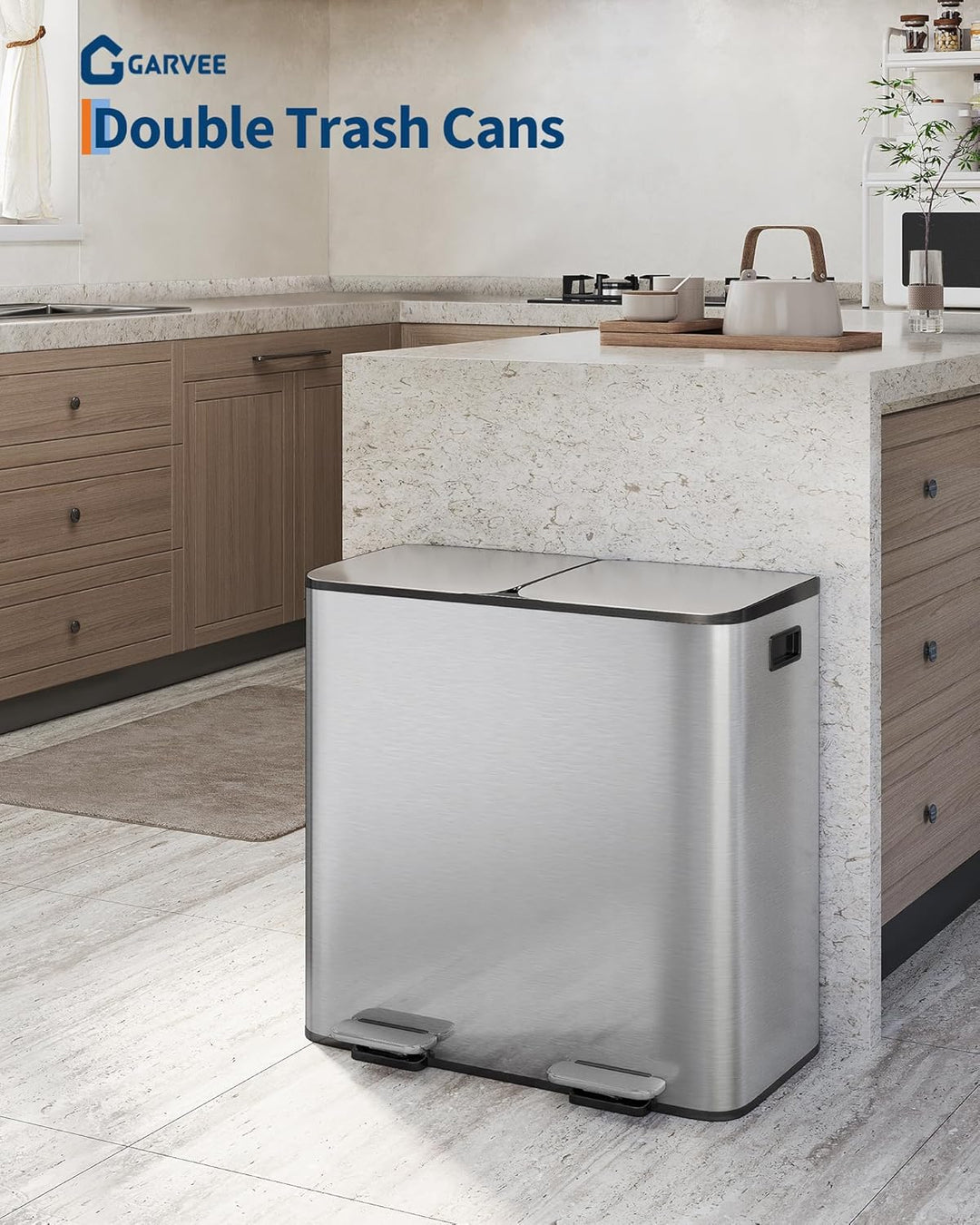 GarveeHome Mülleimer Küche, 2 x 40 L, Mülltrennsystem 2 Fächer, Edelstahl-Tretmülleimer mit Seitlich