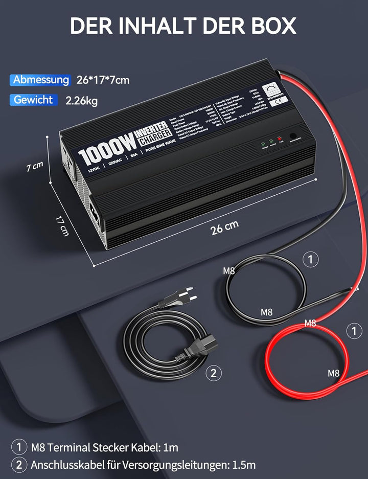 ECO-WORTHY 14,6V 50A LiFePO4 Ladegerät mit 1000W Wechselrichter 12V auf 230V, Netzvorrangschaltung u