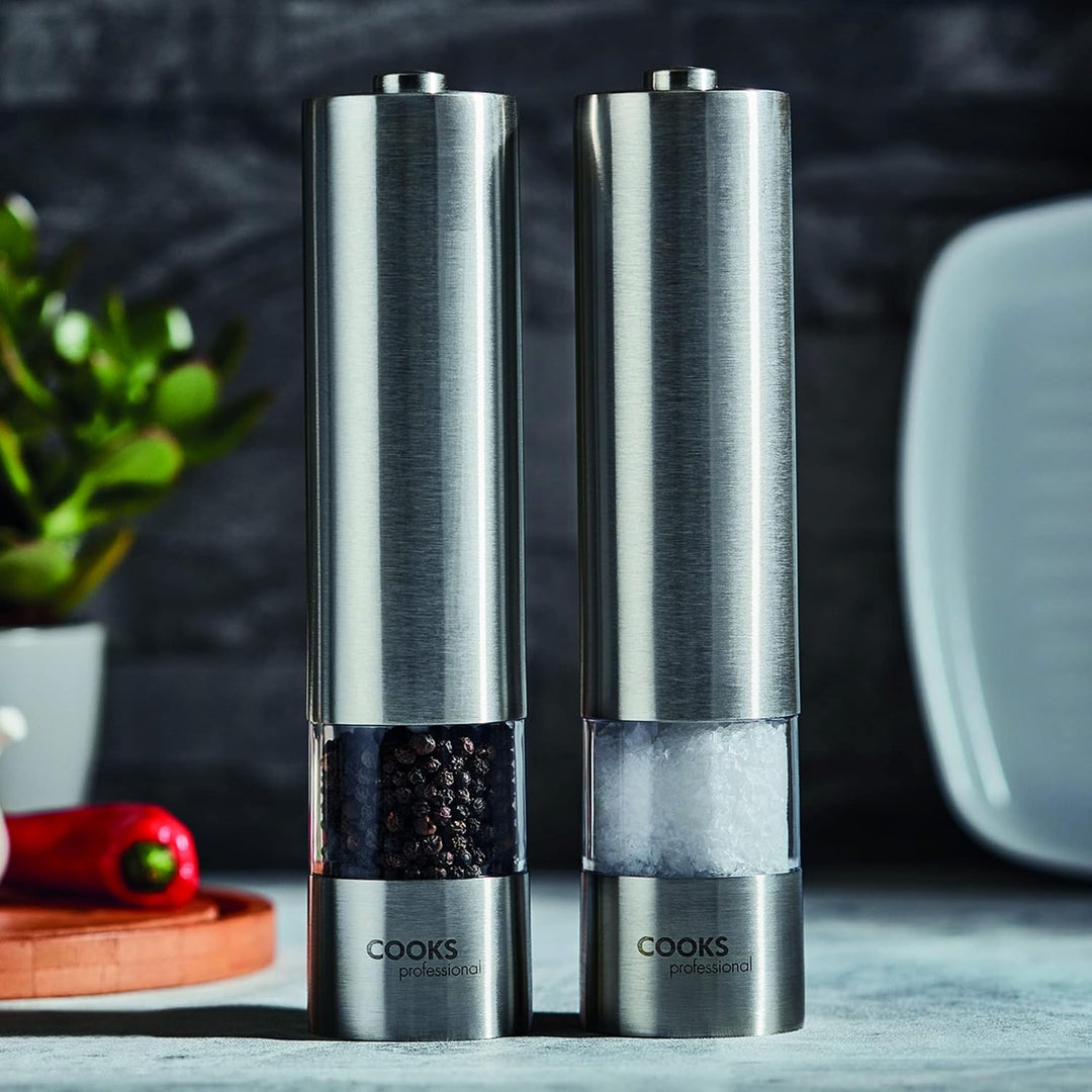 Cooks Professional batteriebetriebene Salz- und Pfeffermühle im Set mit verstellbarem Mahlgrad, einf