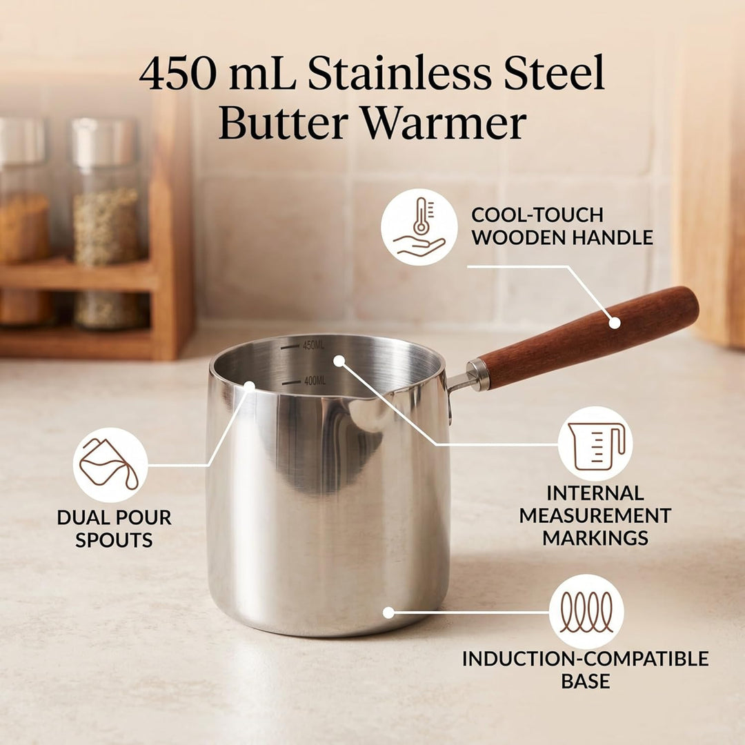 450 Ml Edelstahl-Butterwärmer, Mini-Kaffee-Milchtopf, Kleiner Topf mit Ausgiesser, Deckel, Pfannenau