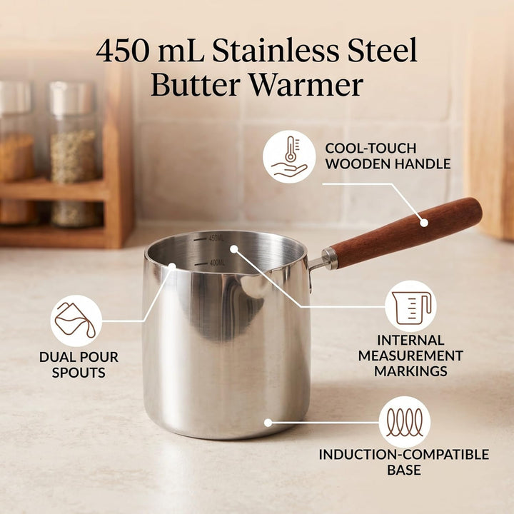 450 Ml Edelstahl-Butterwärmer, Mini-Kaffee-Milchtopf, Kleiner Topf mit Ausgiesser, Deckel, Pfannenau