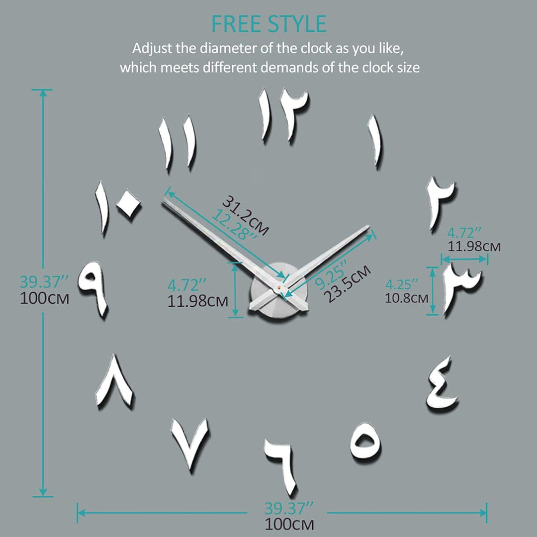 Mintime Mute DIY rahmenlose grosse Wanduhr arabische Ziffern 3D Spiegel Aufkleber Home Office Dekora