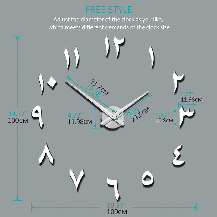 Mintime Mute DIY rahmenlose grosse Wanduhr arabische Ziffern 3D Spiegel Aufkleber Home Office Dekora